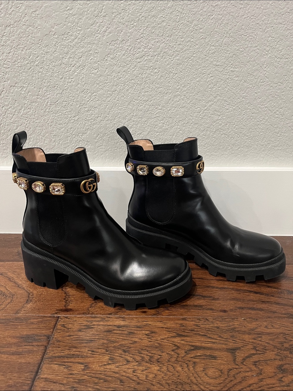Gucci Black Leather Ankle Boots with Gold Crystal Strap